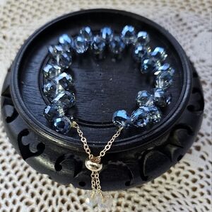 Rock-Inspired Double-Layered Beaded Bracelet with Adjustable Drawstring Blue